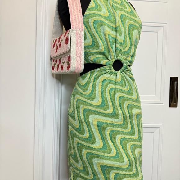 ZARA ZIG ZAG GREEN CUT OUT DRESS 70s FUNKY MEDIUM JACQUARD BLOGGER - Picture 3 of 5